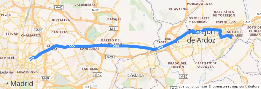 Mapa del recorrido Bus 226: Madrid (Avenida de América) → Torrejón de Ardoz (Soto del Henares) de la línea  en Área metropolitana de Madrid y Corredor del Henares.