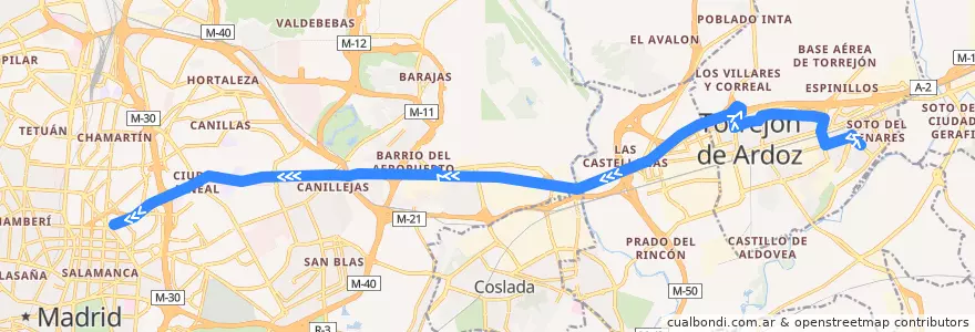 Mapa del recorrido Bus 226: Torrejón de Ardoz (Soto del Henares) → Madrid (Avenida de América) de la línea  en Área metropolitana de Madrid y Corredor del Henares.