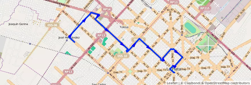 Mapa del recorrido 22 de la línea Oeste en Partido de La Plata.