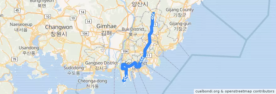 Mapa del recorrido 부산 도시철도 1호선 de la línea  en Busan.