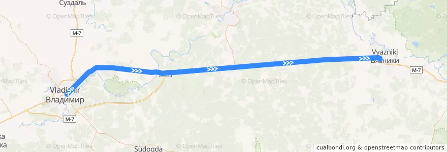 Mapa del recorrido Автобус №513М: г.Владимир -> г.Вязники de la línea  en Óblast de Vladímir.