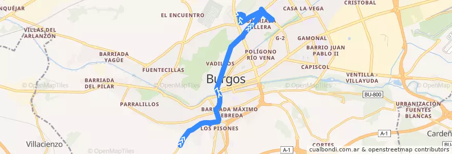 Mapa del recorrido L02: Ctra. Arcos - Hospital Universitario de la línea  en Burgos.