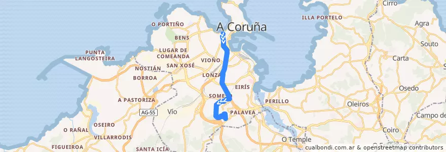Mapa del recorrido Liña UDC: Praza de Pontevedra => A Zapateira de la línea  en A Coruña.