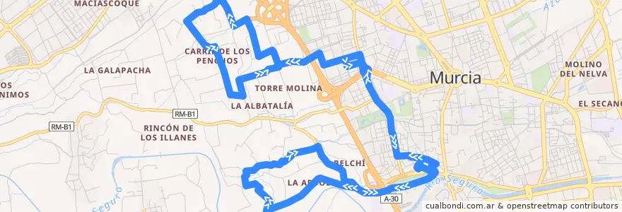 Mapa del recorrido La Albatalía - Murcia - La Arboleja de la línea  en Área Metropolitana de Murcia.