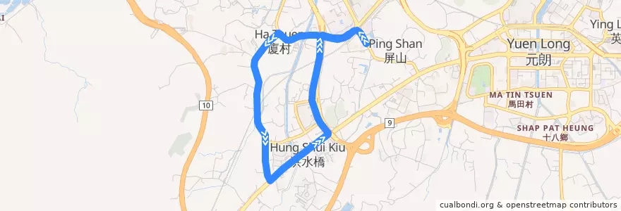 Mapa del recorrido 港鐵巴士K75綫 MTR Bus K75 (天水圍站 Tin Shui Wai Station ↺ 洪水橋 Hung Shui Kiu) de la línea  en 元朗區 Yuen Long District.