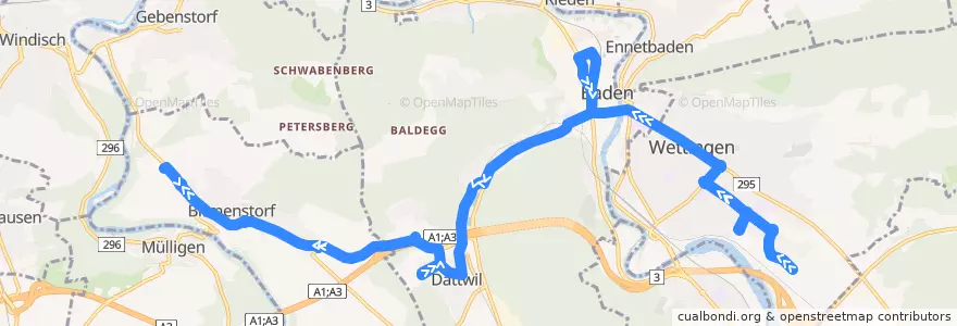Mapa del recorrido Bus 7: Wettingen, Tägi => Birmenstorf de la línea  en Bezirk Baden.