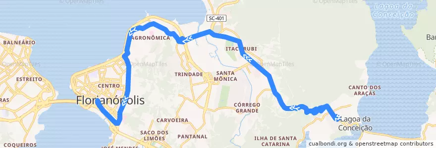 Mapa del recorrido Ônibus 330: Lagoa da Conceição, TILAG=>TICEN de la línea  en Florianópolis.