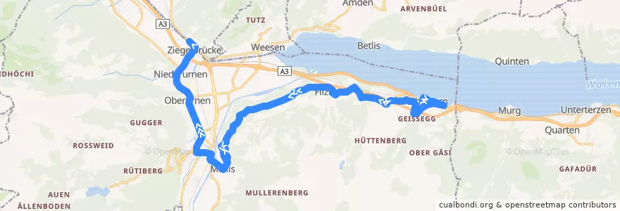 Mapa del recorrido Bus 511: Mühlehorn, Bahnhof => Ziegelbrücke, Bahnhof Süd de la línea  en Glarus Nord.