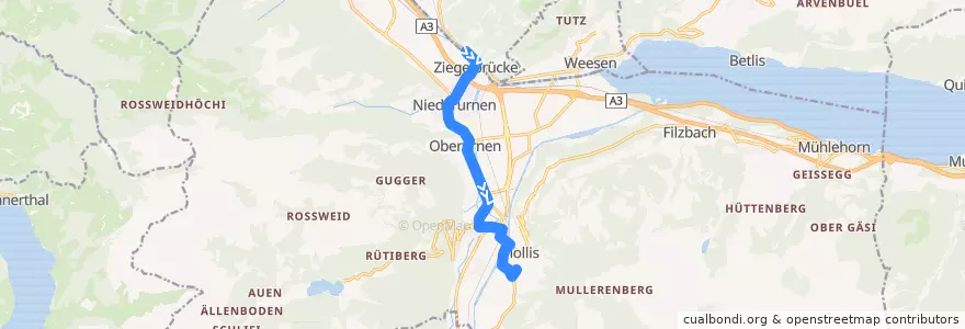 Mapa del recorrido Bus 512: Ziegelbrücke, Bahnhof Süd => Mollis, Vorderdorf de la línea  en Glarus Nord.