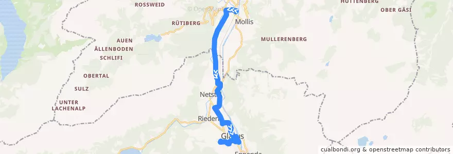 Mapa del recorrido Bus 502: Näfels-Mollis, Bahnhof => Glarus, Pfrundhaus de la línea  en Glarus.