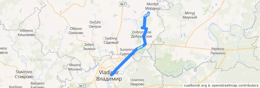 Mapa del recorrido Автобус №102: Раменье -> г.Владимир de la línea  en Óblast de Vladímir.