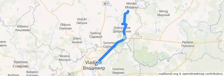 Mapa del recorrido Автобус №102: г.Владимир -> Раменье de la línea  en Óblast de Vladímir.
