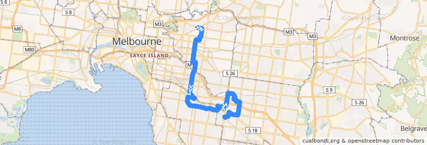 Mapa del recorrido Bus 624: Kew => Caulfield & Carnegie & Murrumbeena & Chadstone => Oakleigh de la línea  en ولاية فيكتوريا.