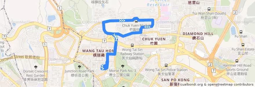 Mapa del recorrido Bus 7M (Lok Fu ↺ Chuk Yuen Estate) de la línea  en 黃大仙區 Wong Tai Sin District.