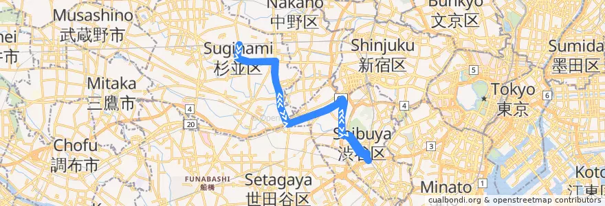 Mapa del recorrido 渋66 de la línea  en 도쿄도.