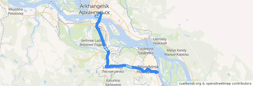 Mapa del recorrido Автобус 144э: Архангельск (МРВ) - Новодвинск de la línea  en Приморский район.