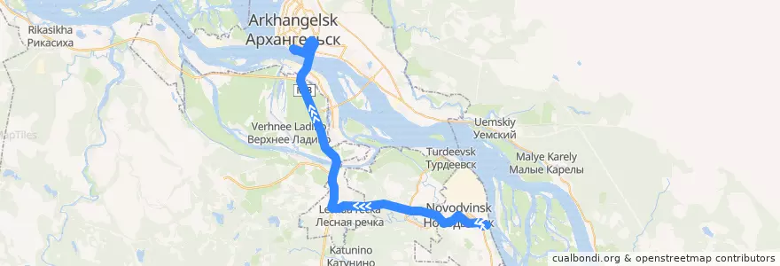Mapa del recorrido Автобус 144э: Новодвинск - Архангельск (МРВ) de la línea  en Приморский район.