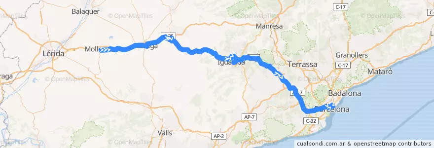 Mapa del recorrido L0101 - Lleida-Barcelona de la línea  en カタルーニャ州.