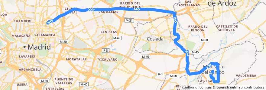Mapa del recorrido Bus 282: Madrid (Avenida de América) → Mejorada del Campo de la línea  en Autonome Gemeinschaft Madrid.