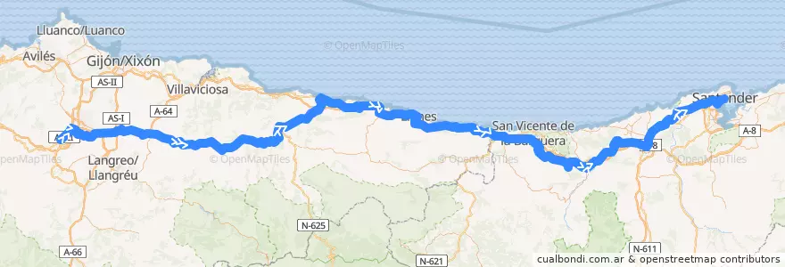 Mapa del recorrido Regional Oviedo - Santander de la línea  en İspanya.