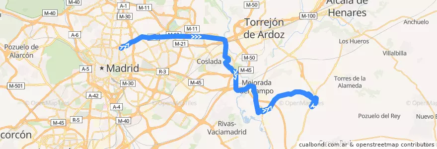 Mapa del recorrido Bus 284: Madrid (Avenida de América) → Loeches de la línea  en منطقة مدريد.
