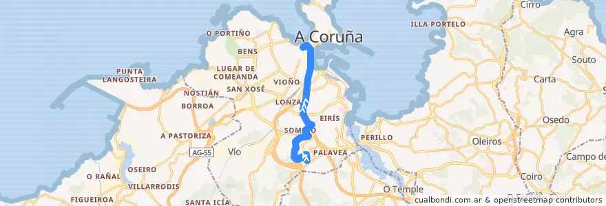 Mapa del recorrido Liña UDC: A Zapateira => Praza de Pontevedra de la línea  en A Coruña.