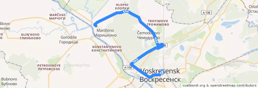 Mapa del recorrido Автобус №30: Автостанция Воскресенск - Чемодурово - Маришкино de la línea  en городской округ Воскресенск.
