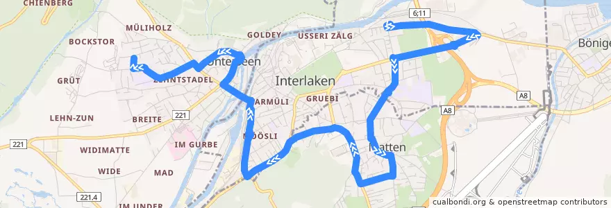 Mapa del recorrido Bus 104: Interlaken Ost => Stadtfeld de la línea  en Verwaltungskreis Interlaken-Oberhasli.