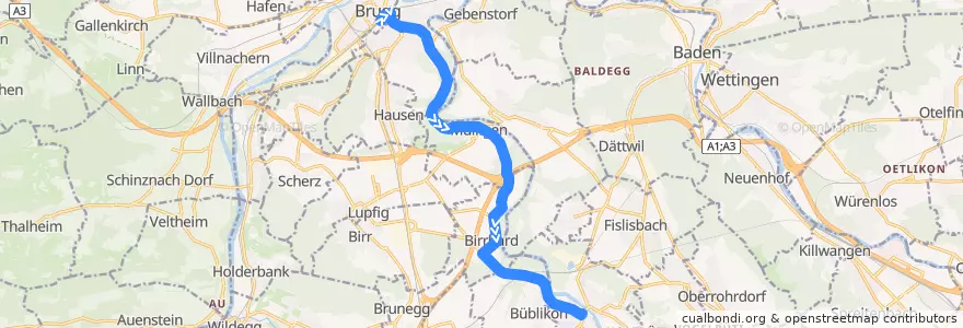 Mapa del recorrido Bus 363: Brugg AG => Mellingen de la línea  en Argovie.