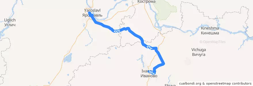 Mapa del recorrido Поезд: Иваново - Ярославль de la línea  en Föderationskreis Zentralrussland.