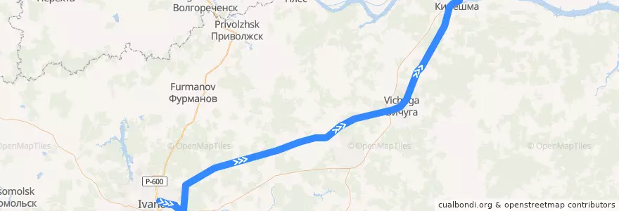 Mapa del recorrido Поезд: Иваново - Кинешма de la línea  en Oblast' di Ivanovo.