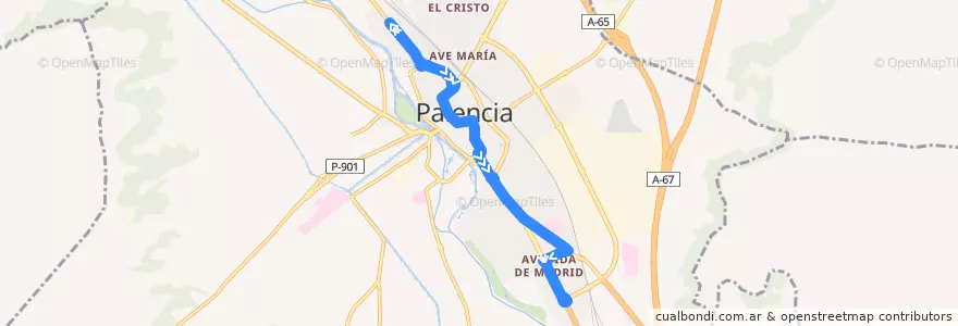 Mapa del recorrido Línea 1: San Antonio → Campus Universitario de la línea  en Palencia.