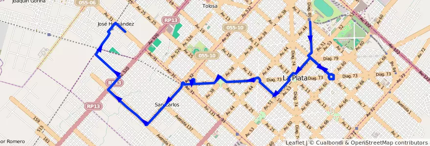 Mapa del recorrido 23 de la línea Oeste en Partido de La Plata.