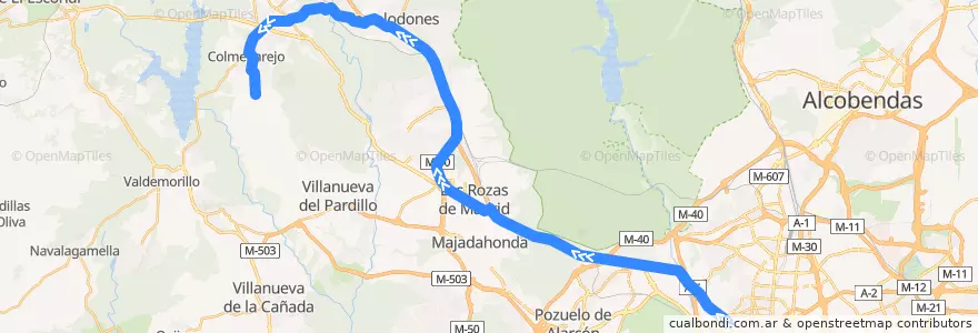 Mapa del recorrido Bus 631 por Las Rozas: Madrid (Moncloa) → Las Rozas → Torrelodones (Colonia) → Galapagar → Colmenarejo de la línea  en Autonome Gemeinschaft Madrid.