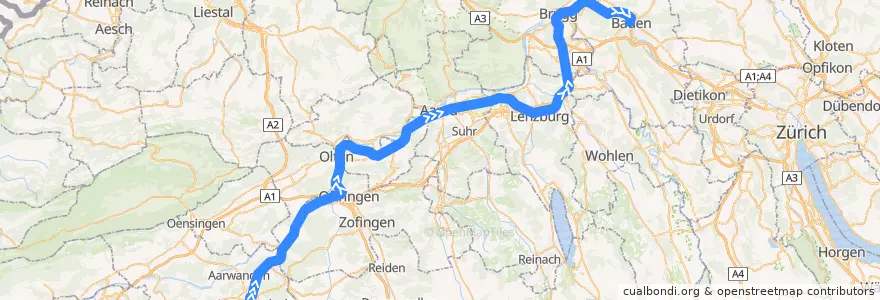 Mapa del recorrido S23: Langenthal => Baden de la línea  en Schweiz/Suisse/Svizzera/Svizra.