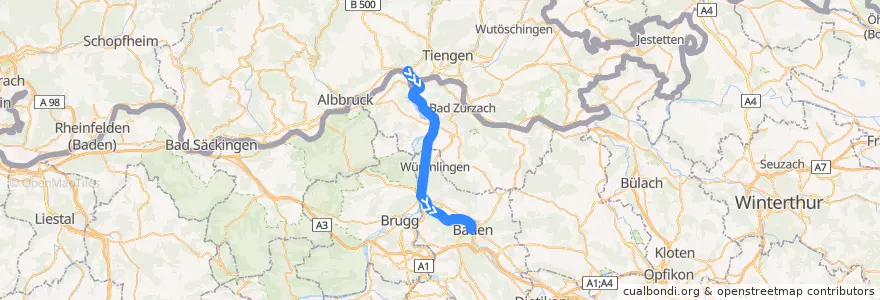 Mapa del recorrido S27: Waldshut –> Baden de la línea  en Aargau.
