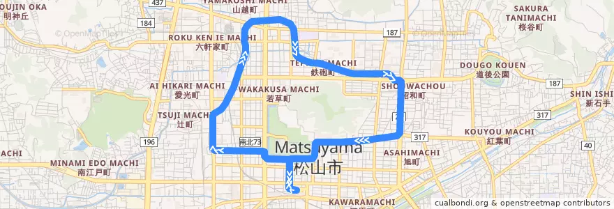 Mapa del recorrido 環状線1 de la línea  en 松山市.