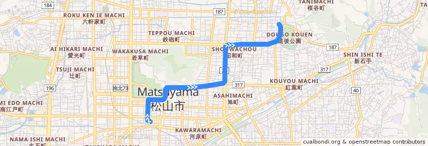 Mapa del recorrido 松山市駅線 (松山市駅前 - 道後温泉) de la línea  en 松山市.