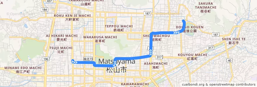 Mapa del recorrido JR松山駅前線 (JR松山駅前 - 道後温泉) de la línea  en 松山市.