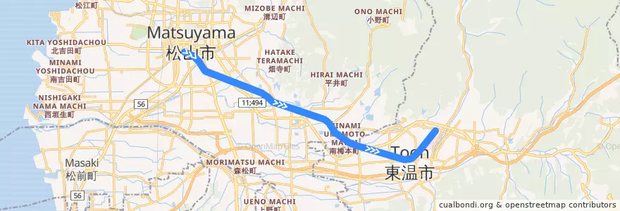 Mapa del recorrido 横河原線 (松山市 - 横河原) de la línea  en 愛媛県.