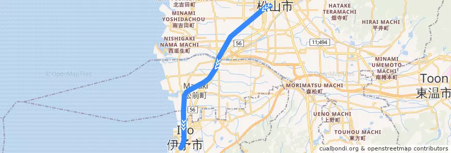 Mapa del recorrido 郡中線 (松山市 - 郡中港) de la línea  en 愛媛県.