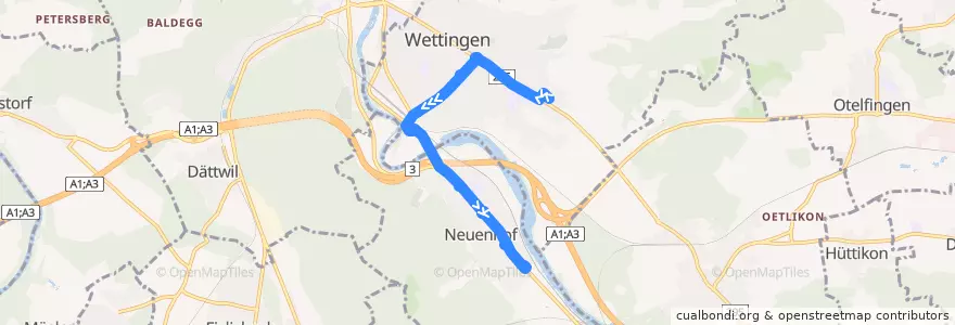 Mapa del recorrido Bus 8: Wettingen, Bushof => Neuenhof, Kirchfeld de la línea  en Wettingen.