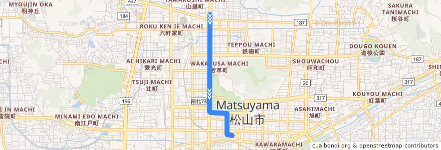 Mapa del recorrido 本町線 (本町6丁目 - 松山市駅前) de la línea  en 松山市.