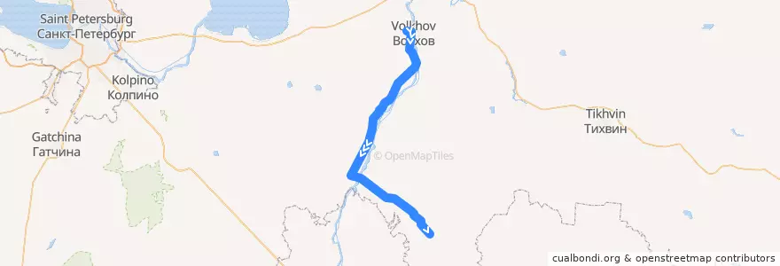 Mapa del recorrido Поезд: Волховстрой-1 - Будогощь de la línea  en Ленинградская область.