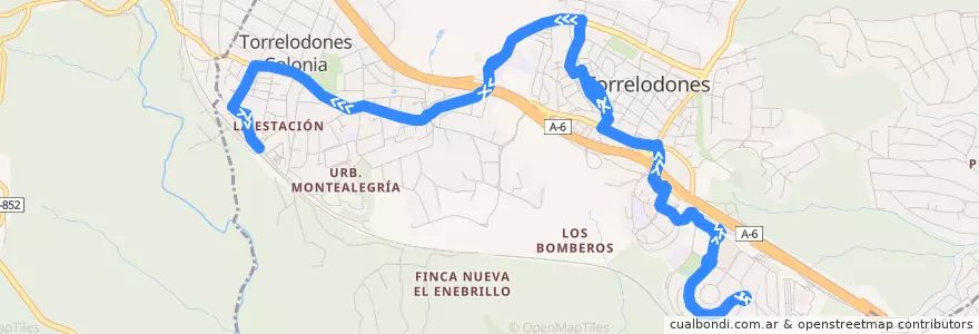 Mapa del recorrido L1: Área Homogénea Sur → Pueblo → Colonia → FF.CC. de la línea  en Torrelodones.