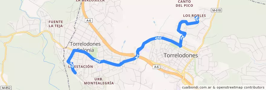 Mapa del recorrido L2: Los Robles → Pueblo → Colonia → FF.CC. de la línea  en Torrelodones.