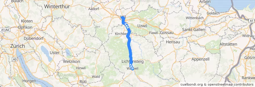 Mapa del recorrido S9: Wattwil => Wil SG de la línea  en ザンクト・ガレン州.