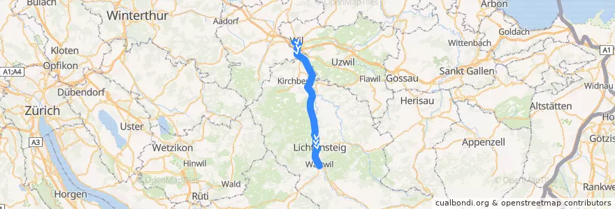 Mapa del recorrido S9: Wil SG => Wattwil de la línea  en San Galo.