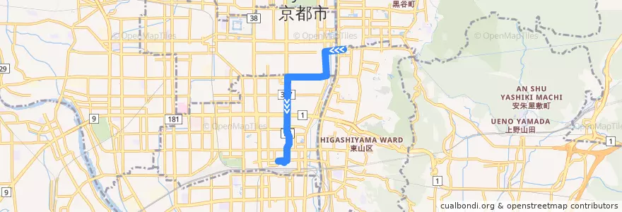 Mapa del recorrido バス: 5: 岩倉操車場前 => 京都駅前 de la línea  en Quioto.