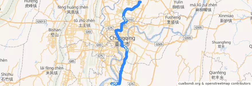 Mapa del recorrido CRT Line 3: 鱼洞 → 江北机场T2航站楼 de la línea  en تشونغتشينغ.